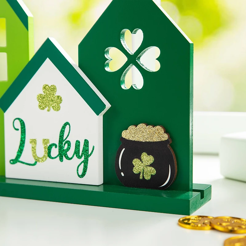 Glitzhome® 16" St. Patrick's Wooden Lucky House Table Décor