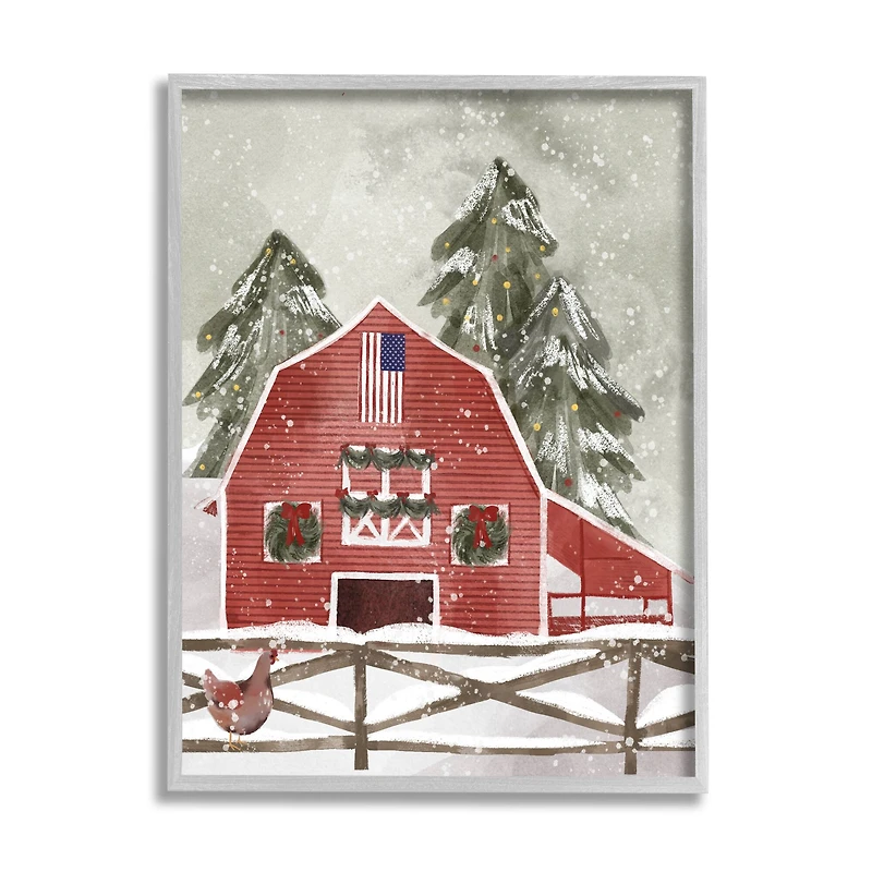 Stupell Industries Snowy Country Barn American Flag Framed Giclee Art