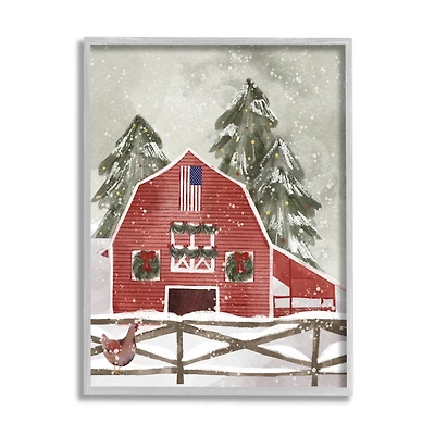 Stupell Industries Snowy Country Barn American Flag Framed Giclee Art