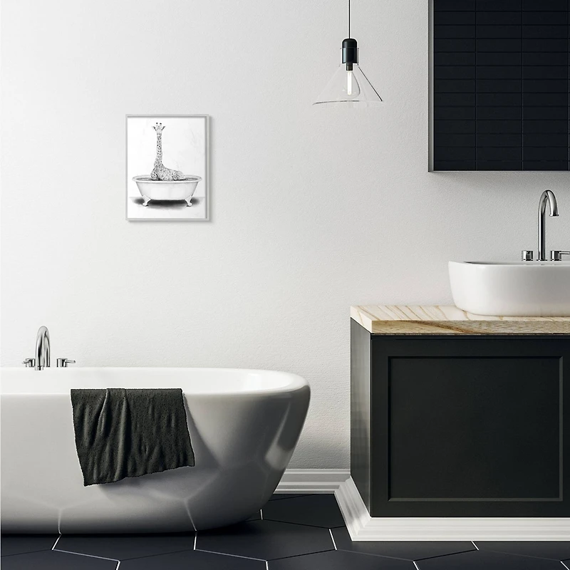Stupell Industries Giraffe In A Tub Drawing with Gray Frame Wall Accent