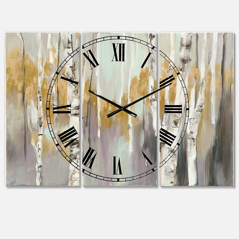 Designart Silver & Yellow Birch Forest Farmhouse 3 Panel Wall Clock