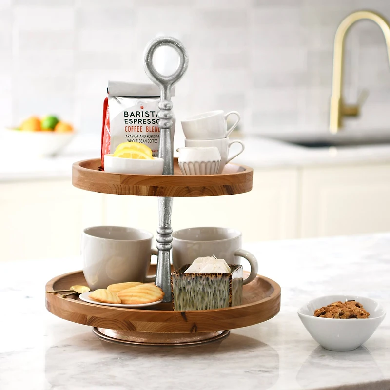 Hello Honey® 18" Dark Brown and Silver Wood 2-Tier Decorative Tray