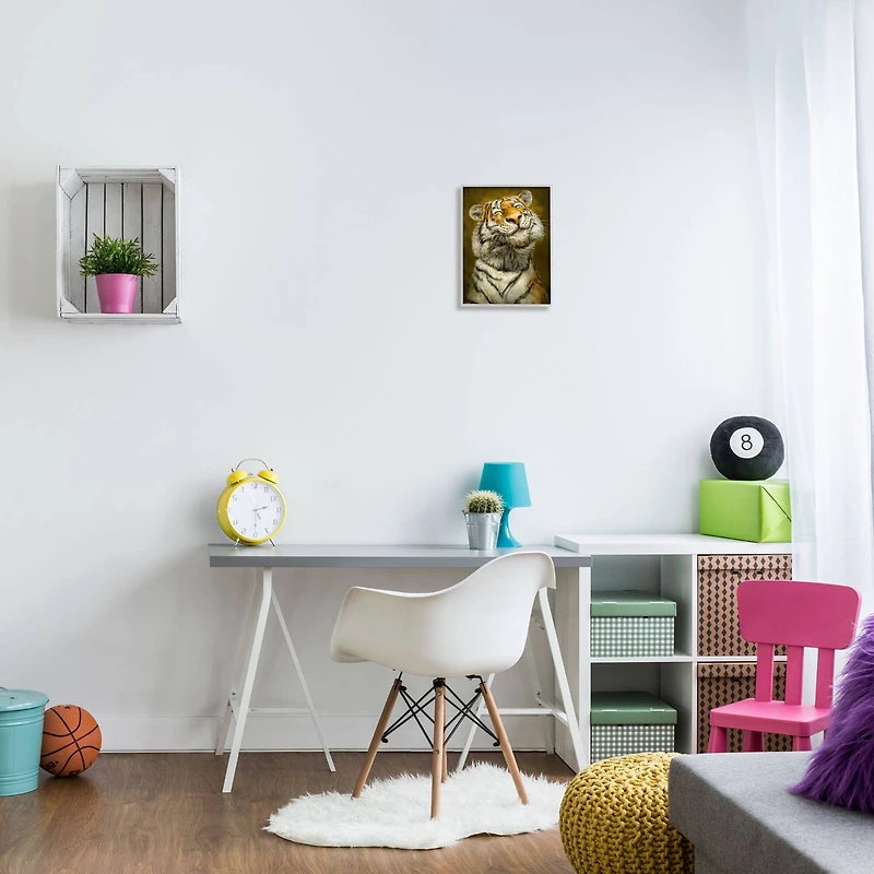 Stupell Industries Happy Tiger Funny Large Cat Animal Painting Framed Wall Art