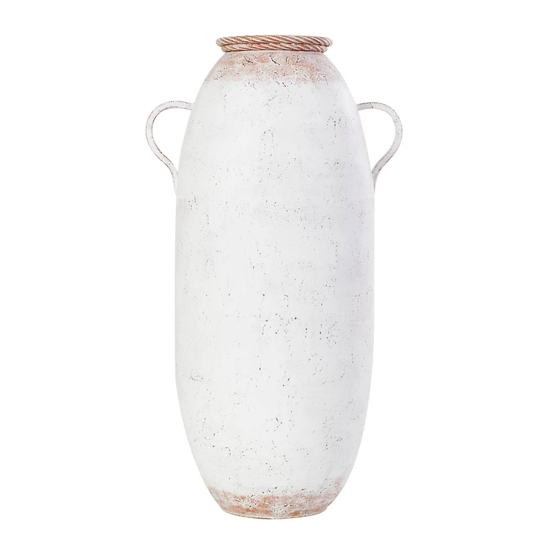2ft. White Metal Antique Style Vase with Terra Cotta Accents & Handles