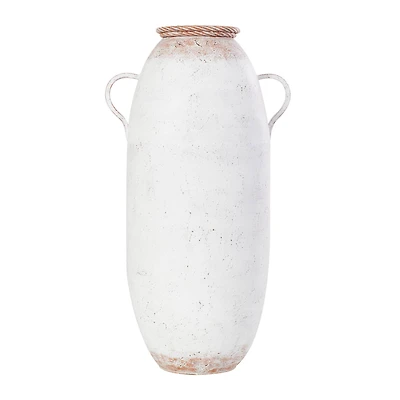 2ft. White Metal Antique Style Vase with Terra Cotta Accents & Handles