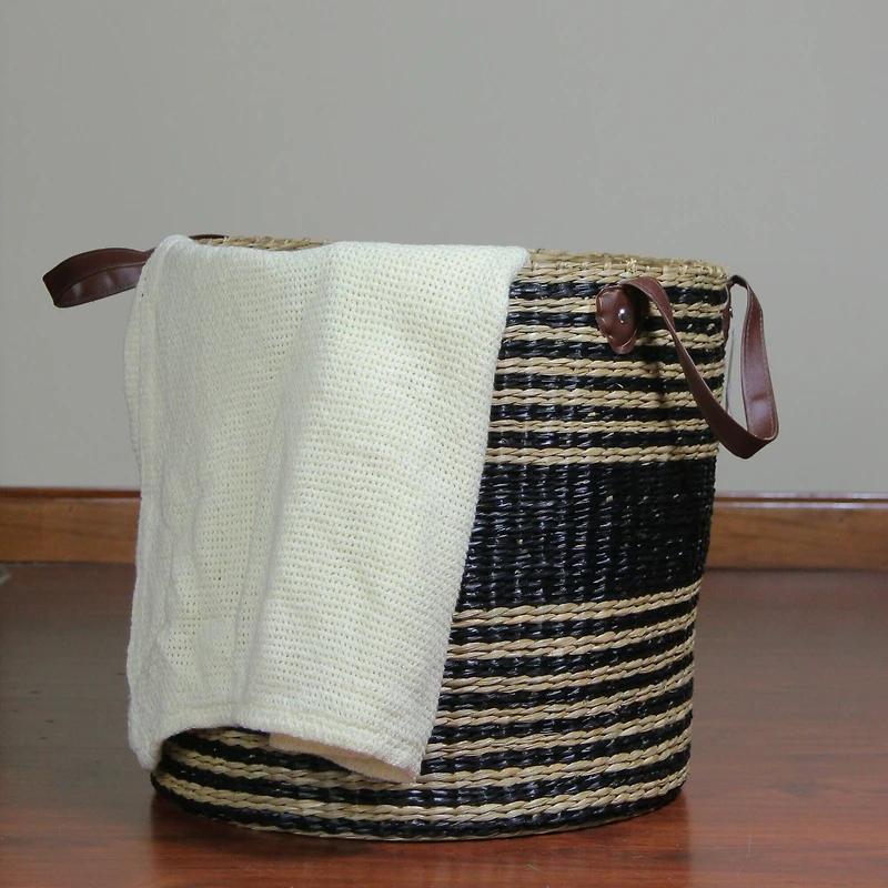 15.5" Beige & Black Woven Seagrass Basket with Handles