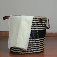 15.5" Beige & Black Woven Seagrass Basket with Handles