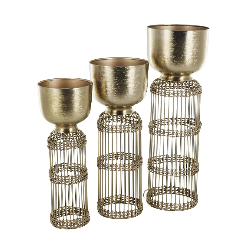 Gold Metal Textured Rounded Dome Planter & Pedestal Base Set