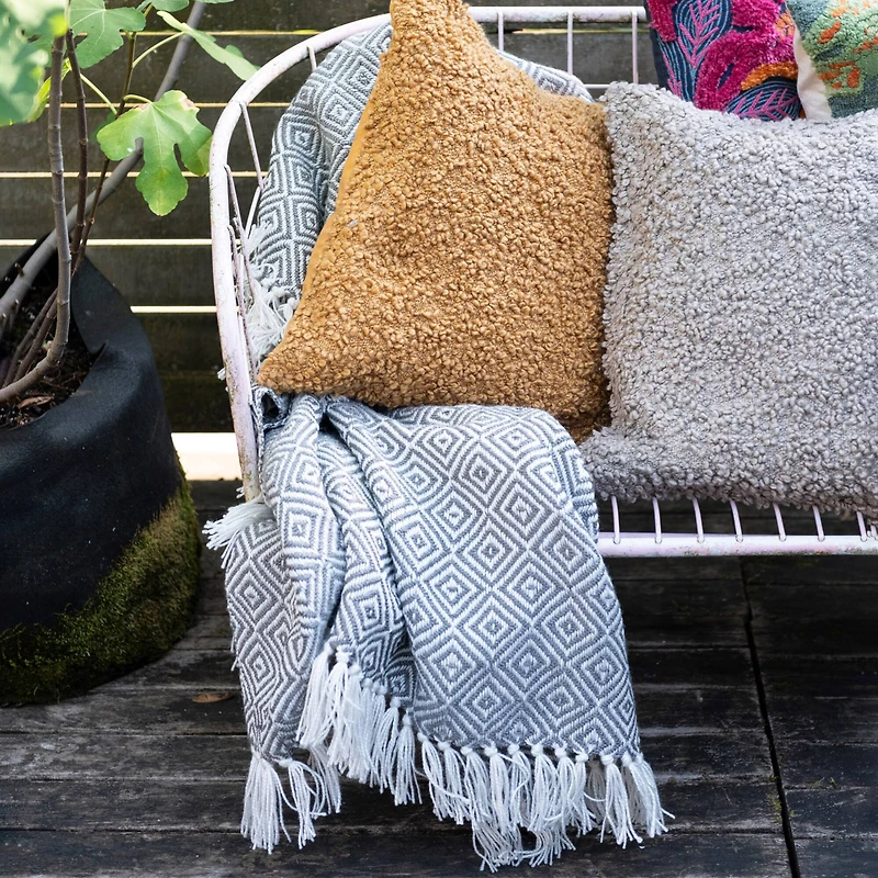 Hello Honey® Charcoal & Cream Geometric Hand-Woven Reclaimed Fabric Throw with Fringe