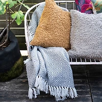 Hello Honey® Charcoal & Cream Geometric Hand-Woven Reclaimed Fabric Throw with Fringe