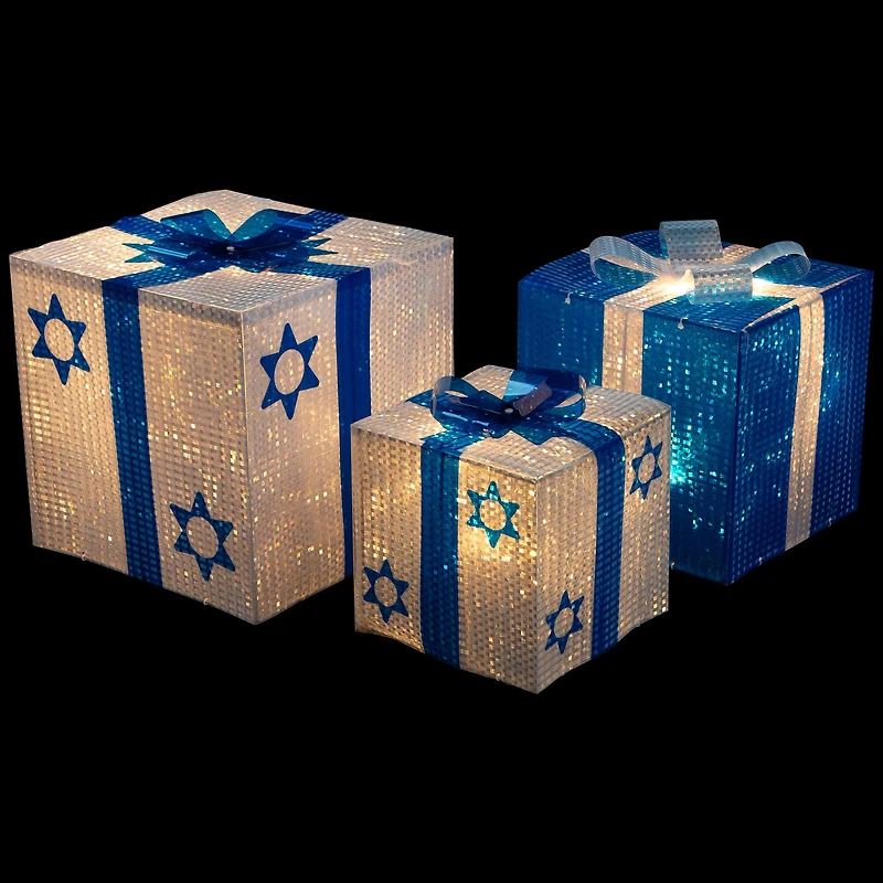 White & Blue Lighted Hanukkah Gift Box Decoration Set