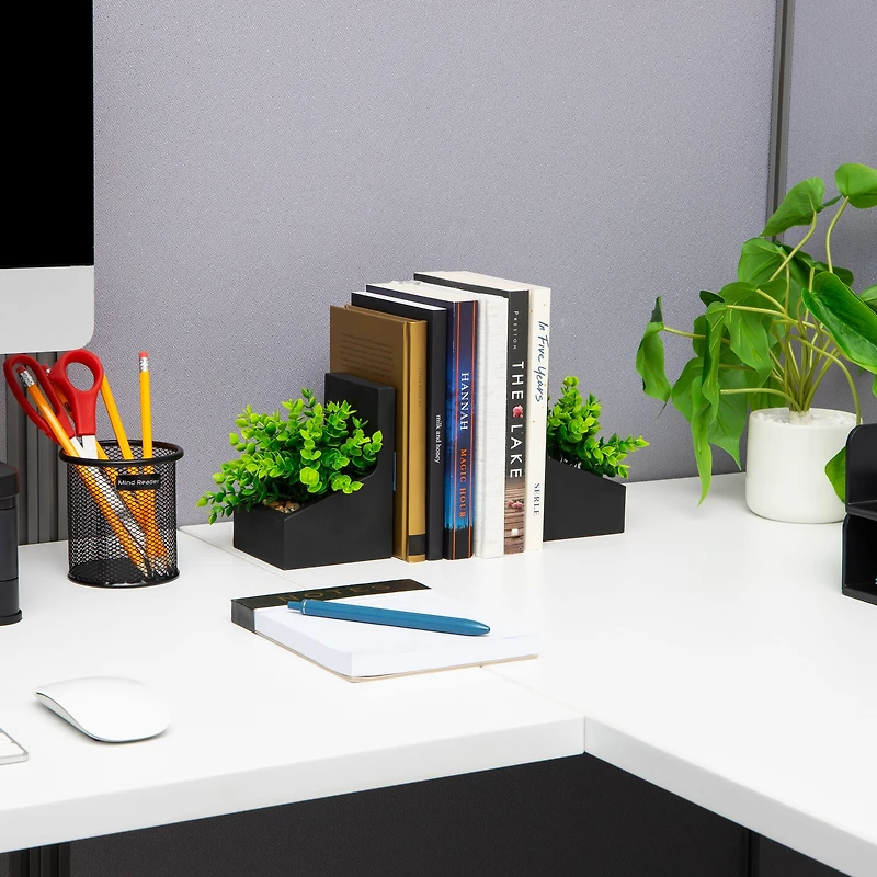 Mind Reader Contemporary Planter Bookends, Book Holders with Faux Greenery, Decorative Desktop or Shelf Organizer, Cement, Set of 2, Black