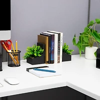 Mind Reader Contemporary Planter Bookends, Book Holders with Faux Greenery, Decorative Desktop or Shelf Organizer, Cement, Set of 2, Black