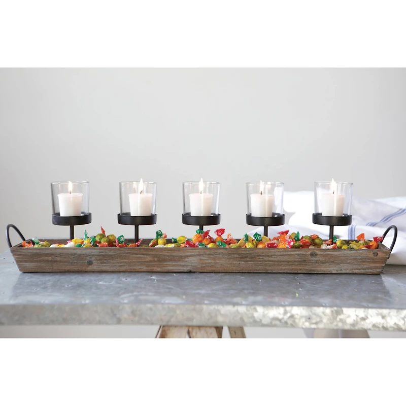 Hello Honey® 5 Metal Votive Candle Holders in Rectangle Wood Tray