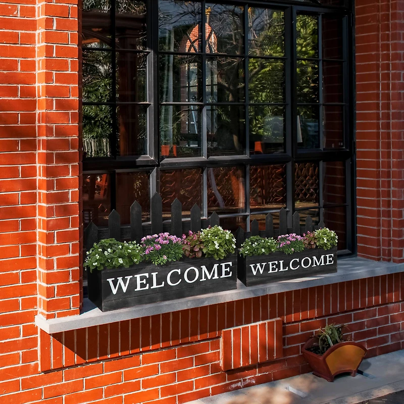 Glitzhome® Black Wood WELCOME Fence-Inspired Planter Stand Set