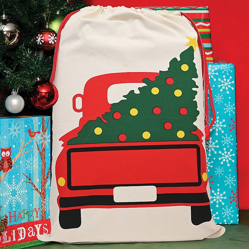 Personality Case™ 19" x 26" Red Truck Tree Cotton Christmas Drawstring Bag