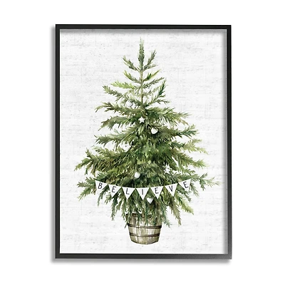 Stupell Industries Holiday Green Fir Tree with Believe Phrase Framed Wall Art