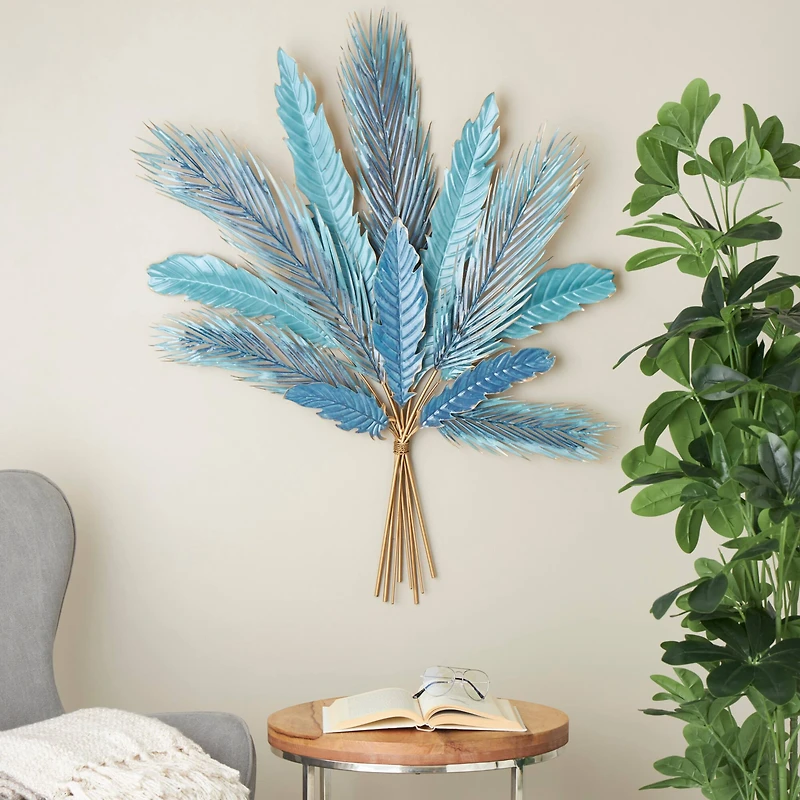 Blue Metal Leaf Bundle Wall Dècor with Gold Stems