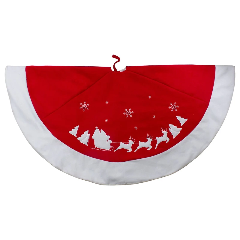 48" Red Sleigh & Reindeer Embroidered Christmas Tree Skirt