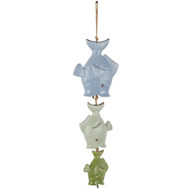 27" Green & Blue Ceramic Fish Windchime with Brown Rope
