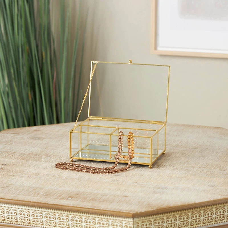 7" x 5" x 3" Clear & Gold 3-Slot Glass & Metal Jewelry Box with Chain Accent