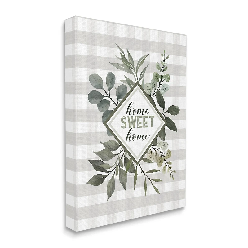 Stupell Industries Home Sweet Home Phrase Green Botanicals Plaid Pattern Canvas Wall Art
