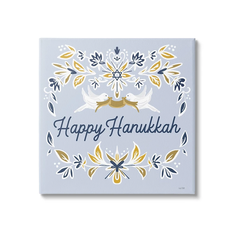 Stupell Industries Happy Hanukkah Floral Doves Banner Canvas Wall Art
