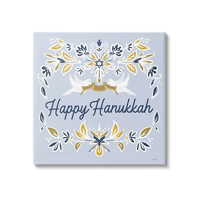Stupell Industries Happy Hanukkah Floral Doves Banner Canvas Wall Art