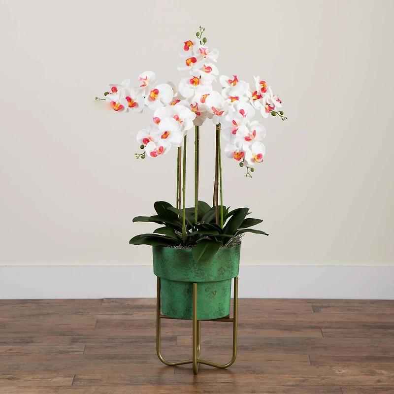 3.5ft. White Orchid Arrangement in Patina Metal Planter with Stand