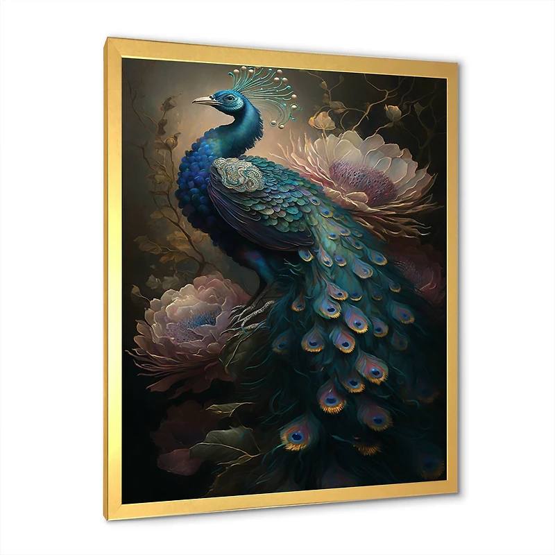 Designart 'Peacock With Flowers' Animals Framed Canvas Wall Art