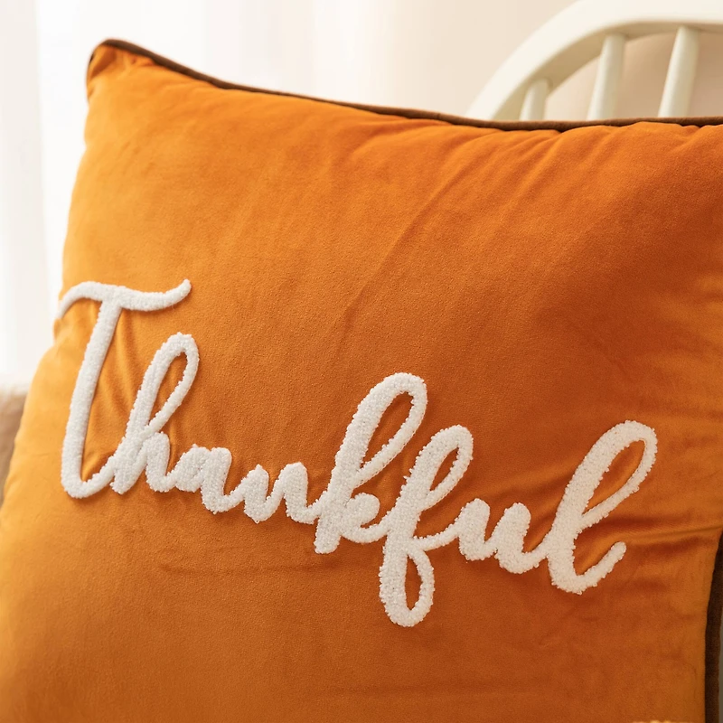 Glitzhome® Orange Velvet Thankful Pillow Cover