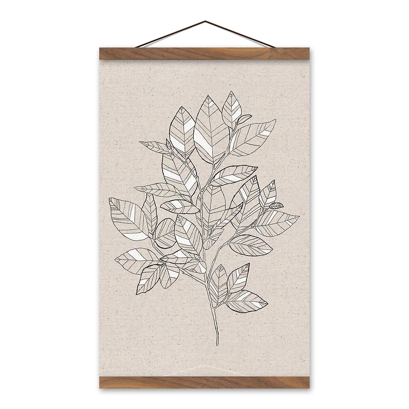 White Botanical Sketch 12" x 18" Teak Hanging Canvas