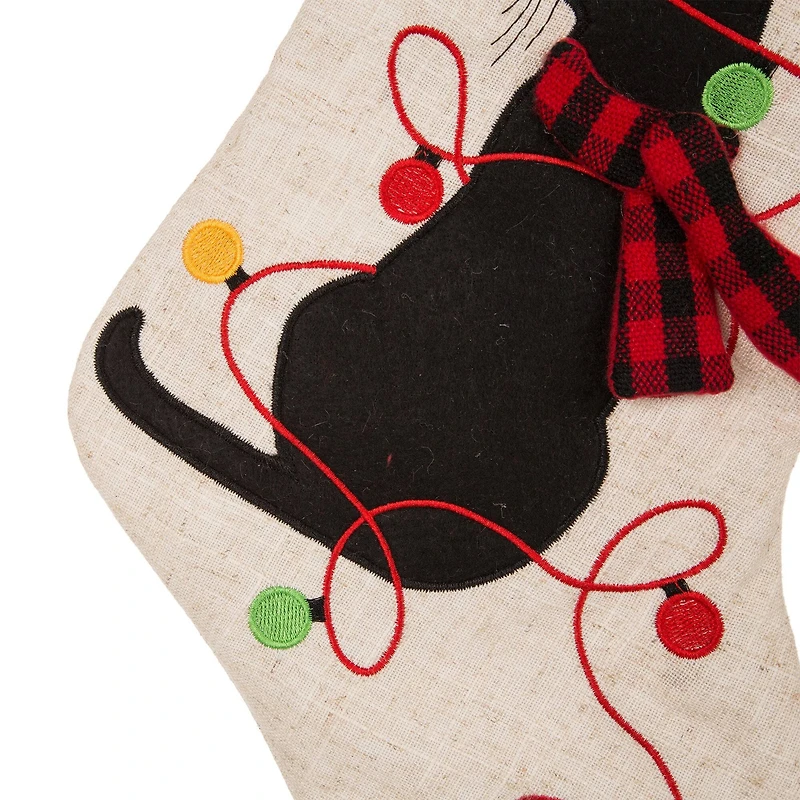Glitzhome® Pre-Lit 21" Cat Embroidered Linen Christmas Stocking with LED Lighting