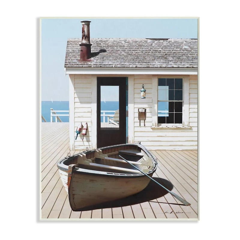 Stupell Industries Boat On Boardwalk Tranquil Coastal Boathouse Wall Plaque