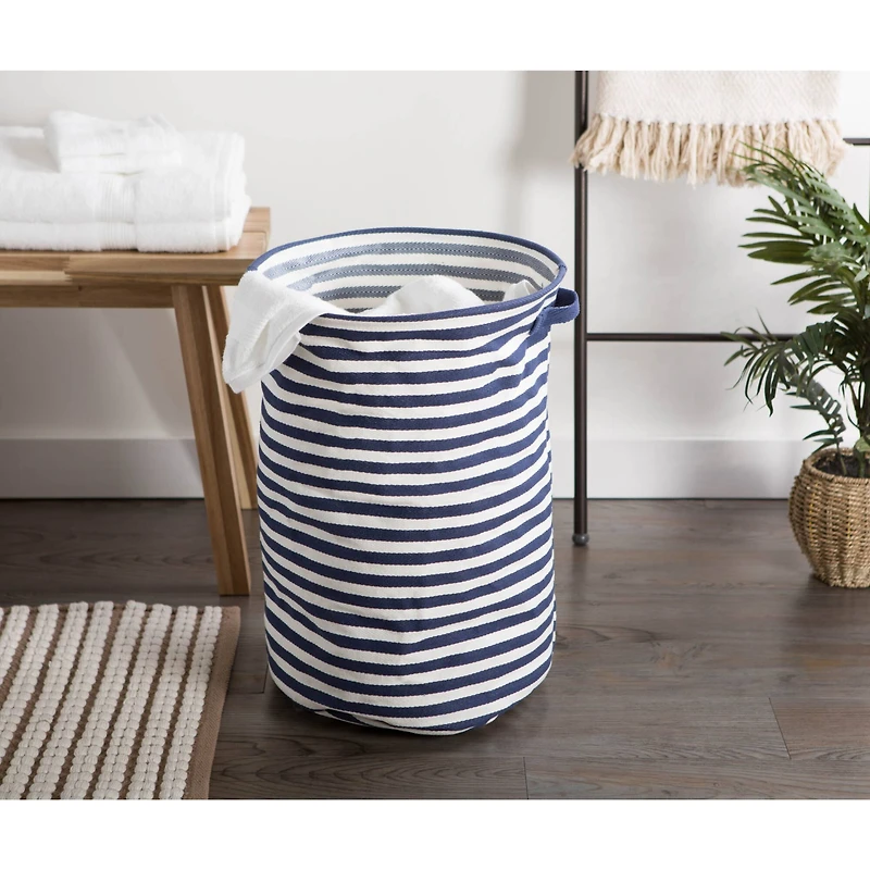 DII® 20" French Blue & White Striped Round PE-Coated Herringbone Cotton Laundry Hamper