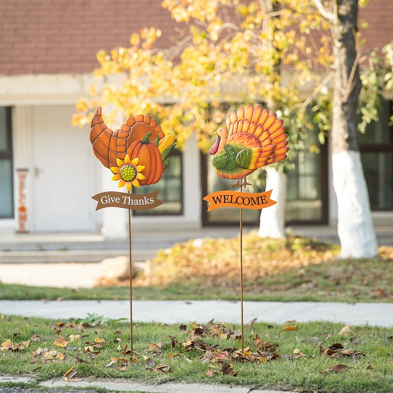 Glitzhome® 36.25" Thanksgiving Metal Turkey & Croissant Yard Stake Set