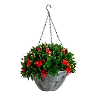24in. Pre-Lit UV Resistant Artificial Red Tip Photinia & Gold Berries Christmas Hanging Basket with 34 Warm White LED Lights (Indoor/Outdoor)