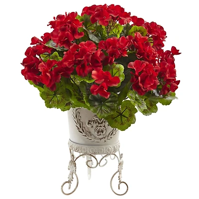 18.5" Red UV Resistant Geranium Arrangement in White Metal Planter