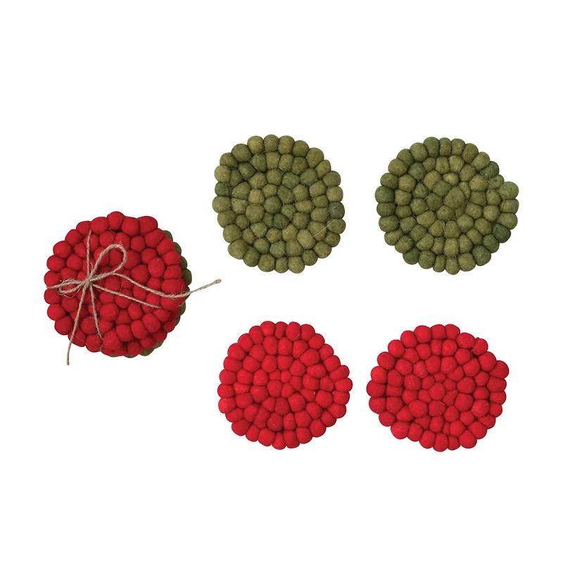 Hello Honey® 4" Red & Green Handmade Wool Felt Ball Coaster Set