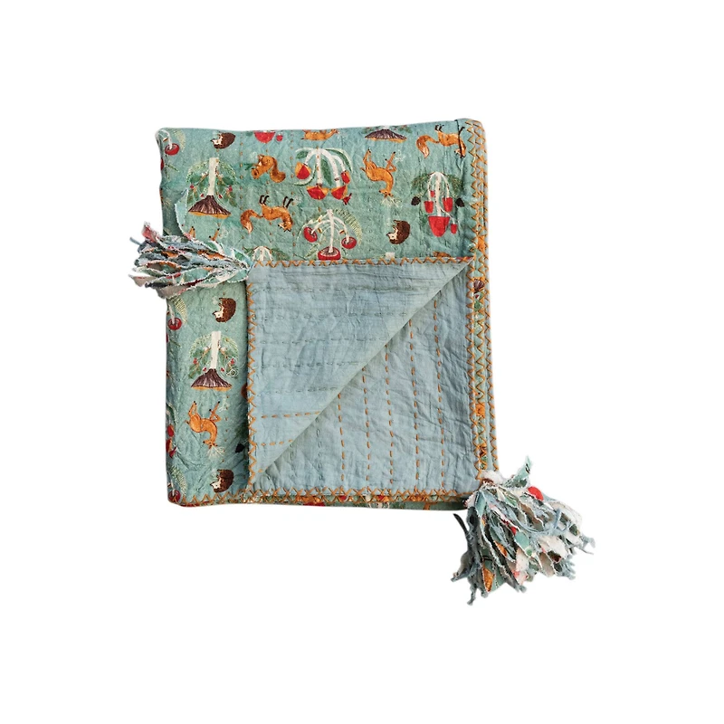 Hello Honey® 60" Flora & Fauna Hand-Woven Cotton Quilt with Stitch Edge & Tassels