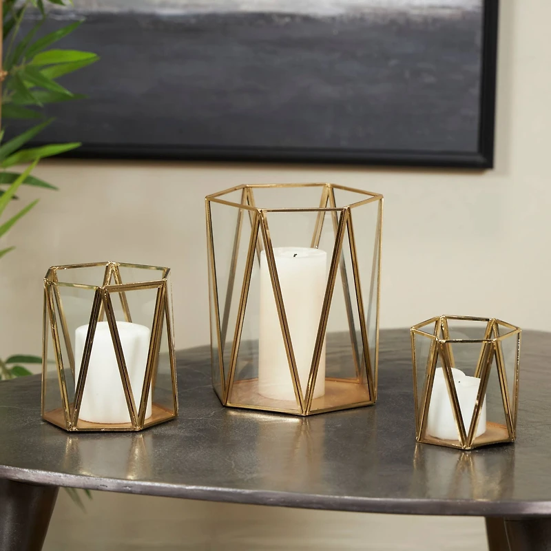 CosmoLiving by Cosmopolitan Gold Geometric Hexagon Candle Lantern Set