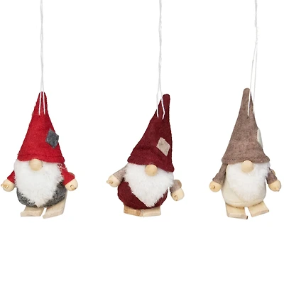 4" Red & Gray Skiing Gnome Christmas Ornament Set