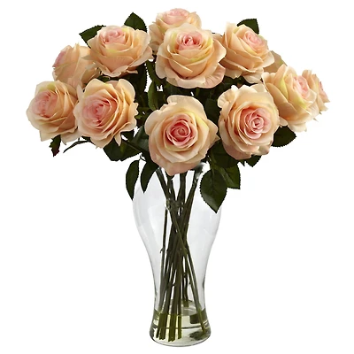 18" Blooming Peach Roses in Decorative Vase