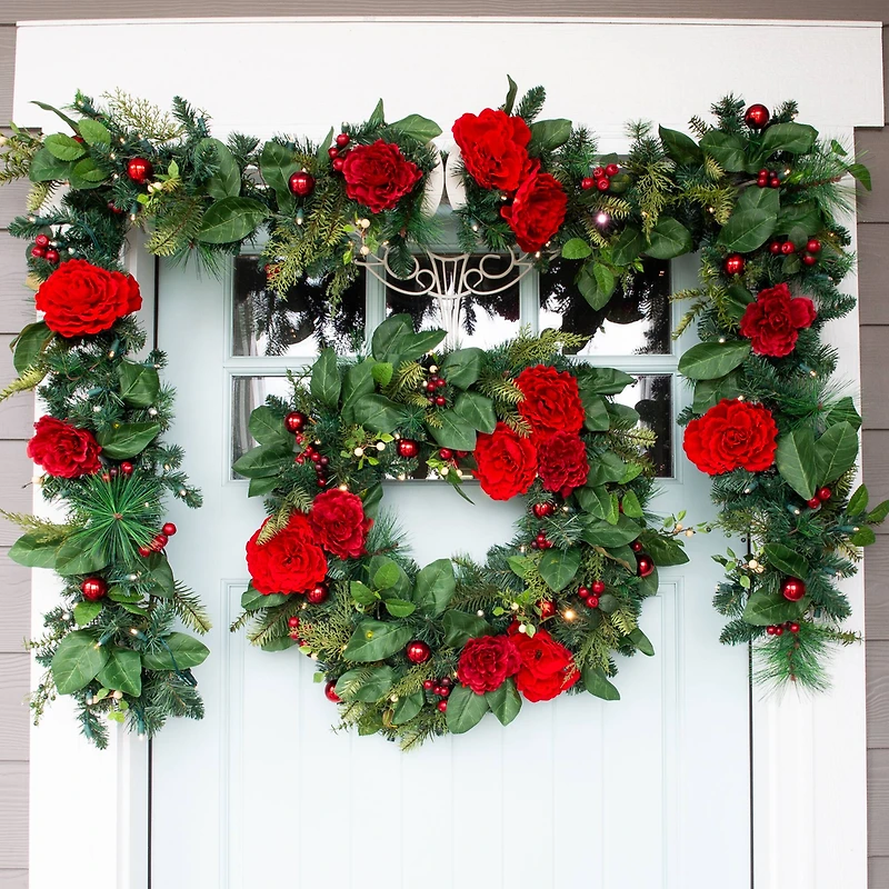 Village Lighting 30" LED Red Peonies & Berry Wreath