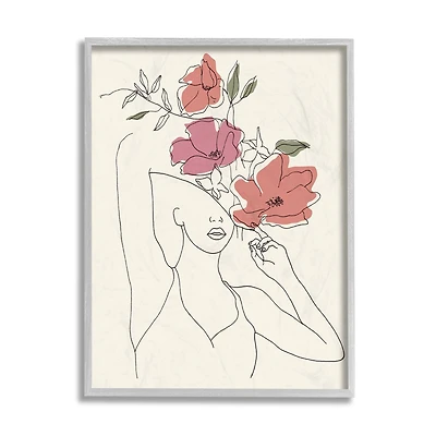 Stupell Industries Female & Blooming Floral Portrait Sketch Gray Framed Wall