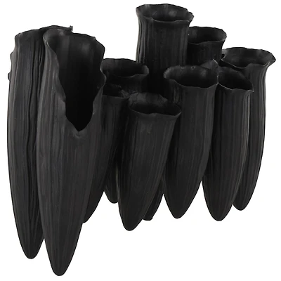 13.25" Black Ceramic Abstract Floral Inspired Decorative Vase with Linear Grooves & 10 Openings