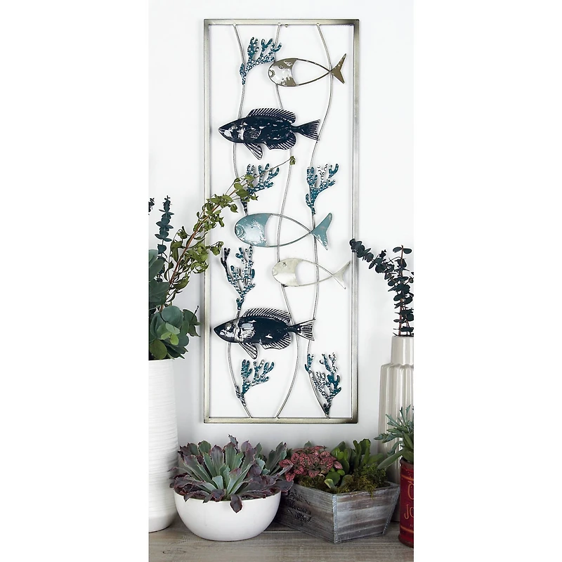Set of 2 Blue Metal Coastal Fish Wall Decor, 11" x 29"
