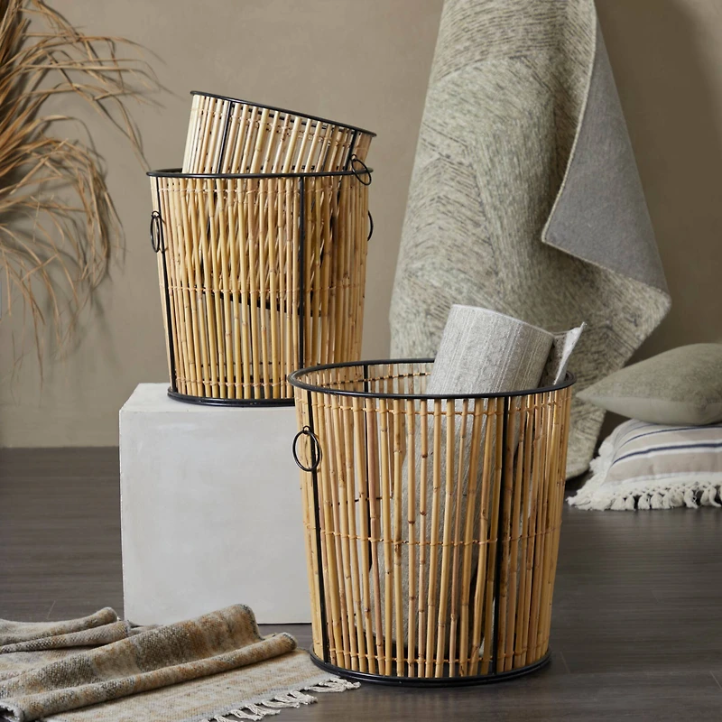 Light Brown Rattan Handmade Slatted Frame Storage Basket with Ring Handles Set of 3 20", 18", 15"