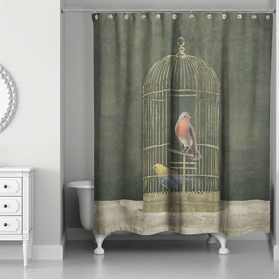 Gold Birdcage with Birds on Green 71" x 74" Shower Curtain