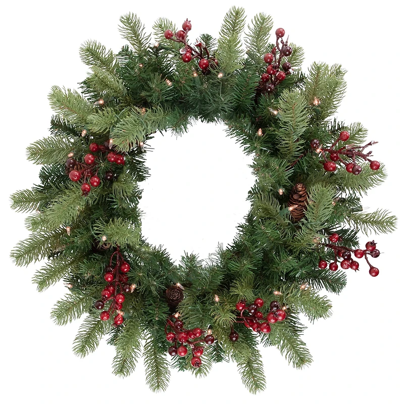 24" Pre-lit Noble Fir with Red Berries & Pinecones Artificial Christmas Wreath